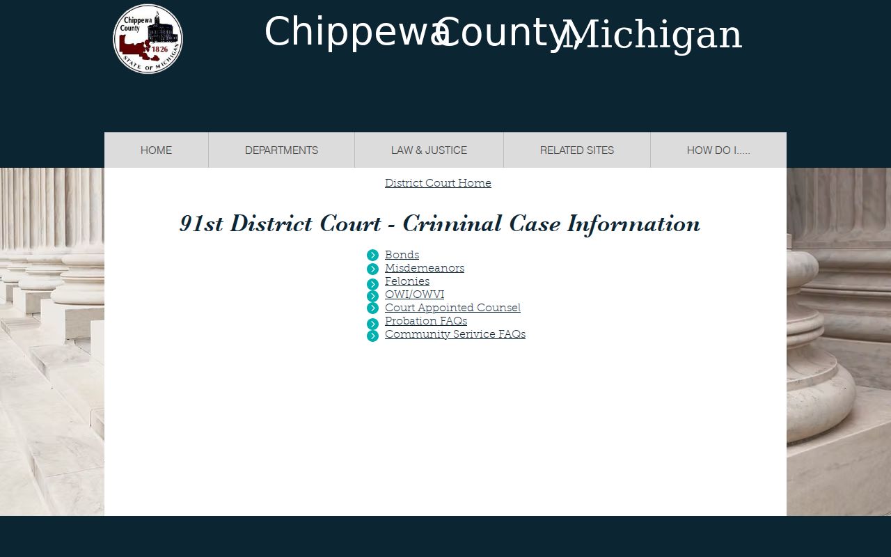 Chippewa County 91st District Court criminal case information page covering bonds, misdemeanors, and felonies