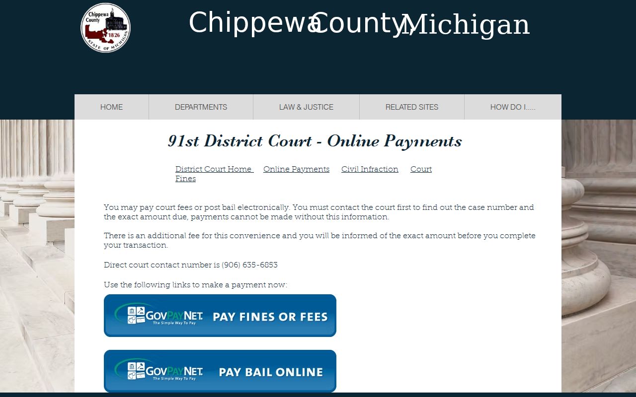 Chippewa County 91st District Court online payment instructions requiring a case number and exact amount