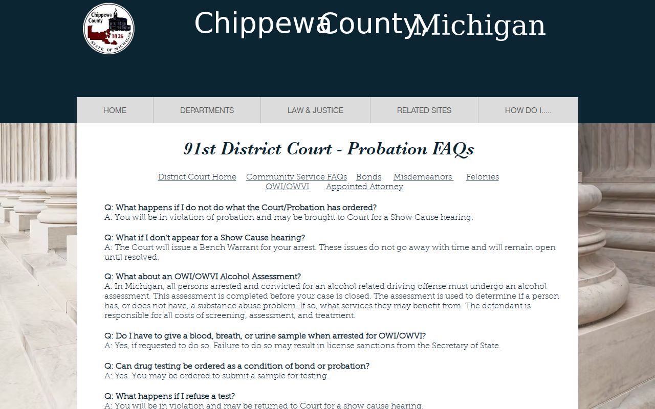 Chippewa County probation questions page stating that unresolved bench warrants remain open
