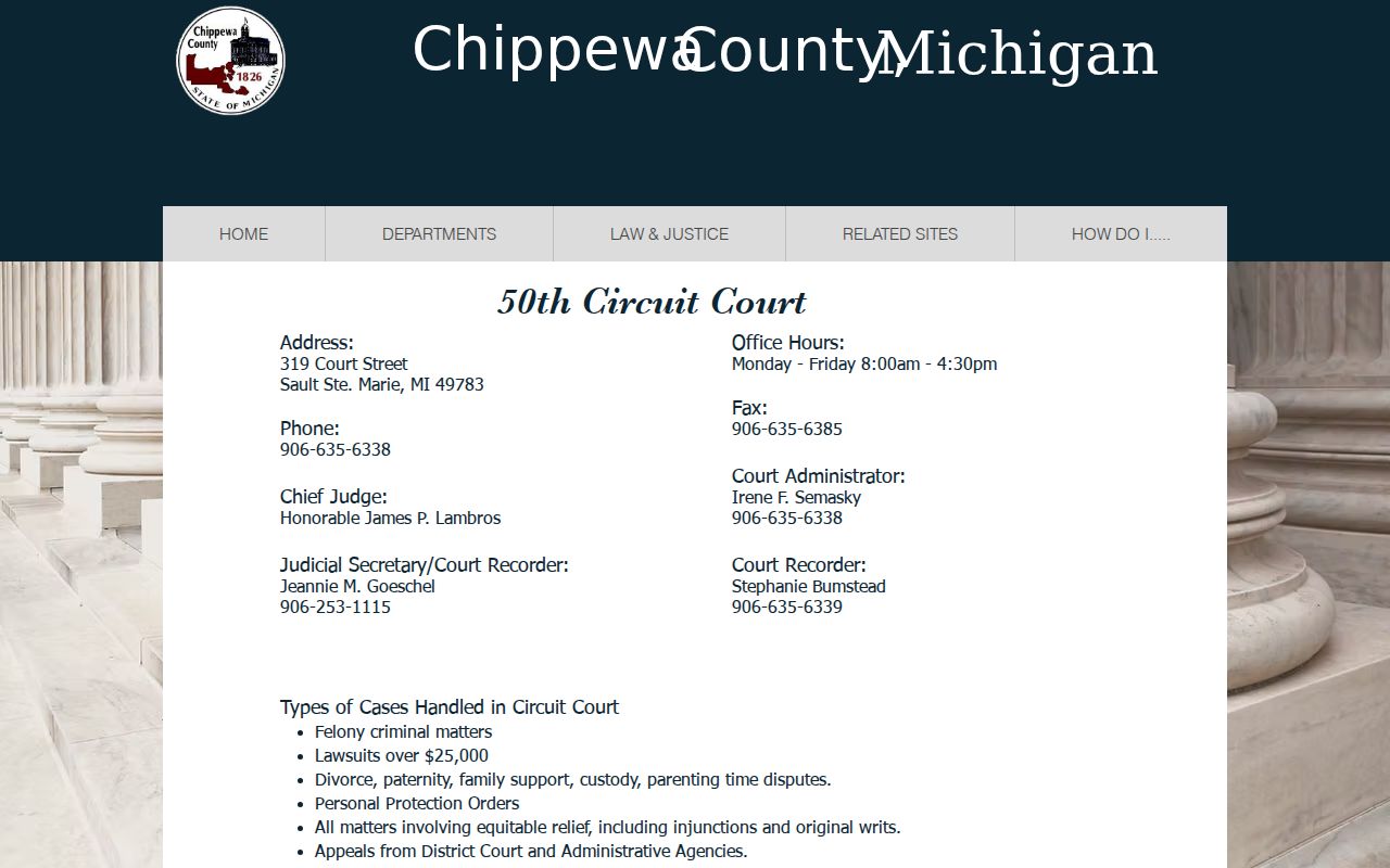 Chippewa County 50th Circuit Court contact and jurisdiction page