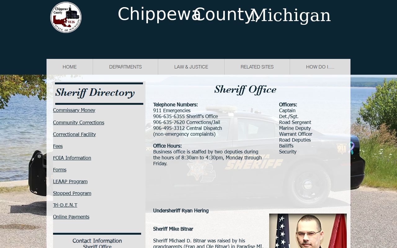 Chippewa County Sheriff contact page listing the Warrant Officer role and public phone number