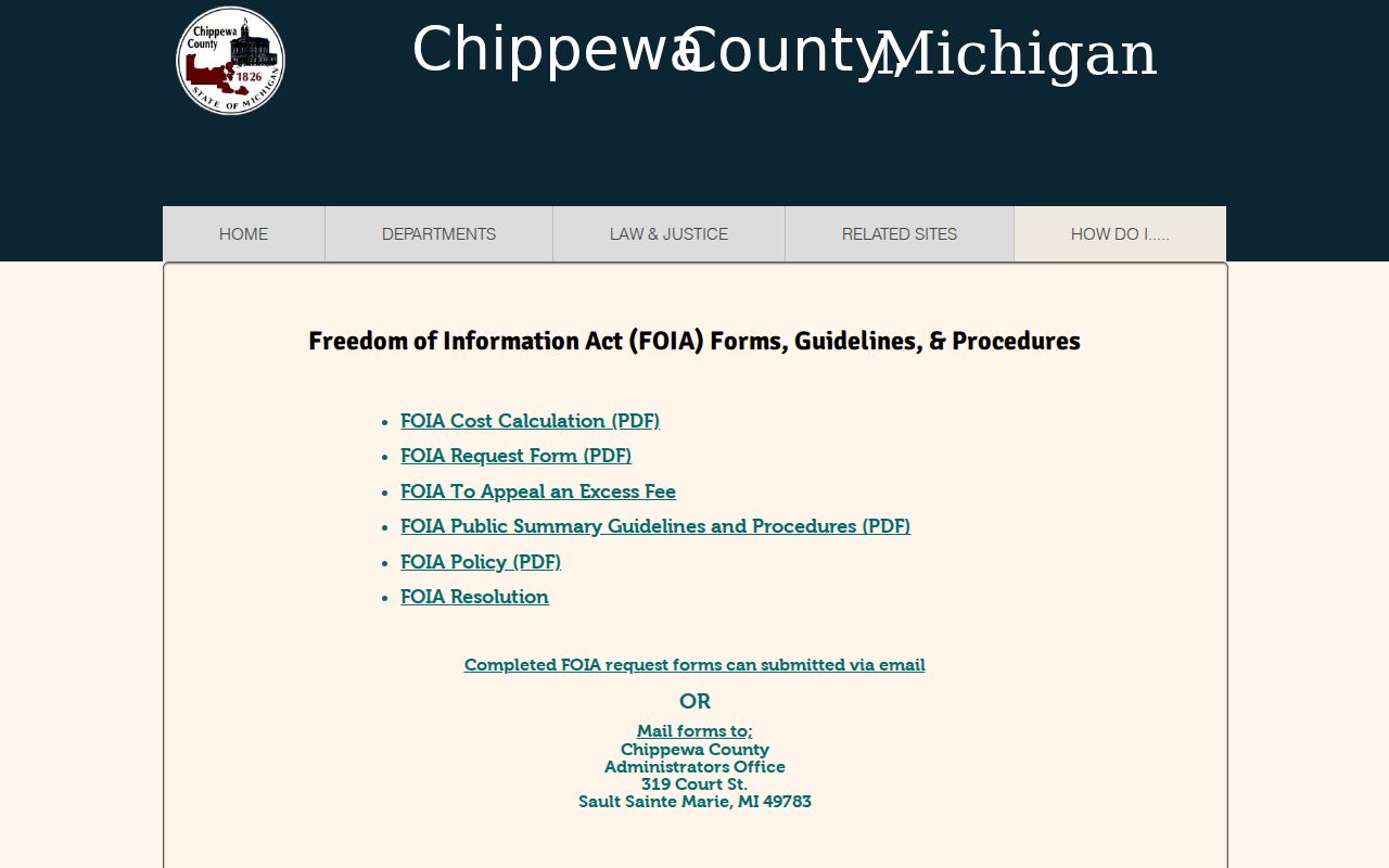 Chippewa County FOIA forms and procedures index with submission address and email