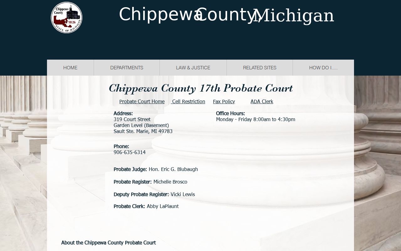 Chippewa County Probate Court directory entry showing address, hours, and jurisdiction