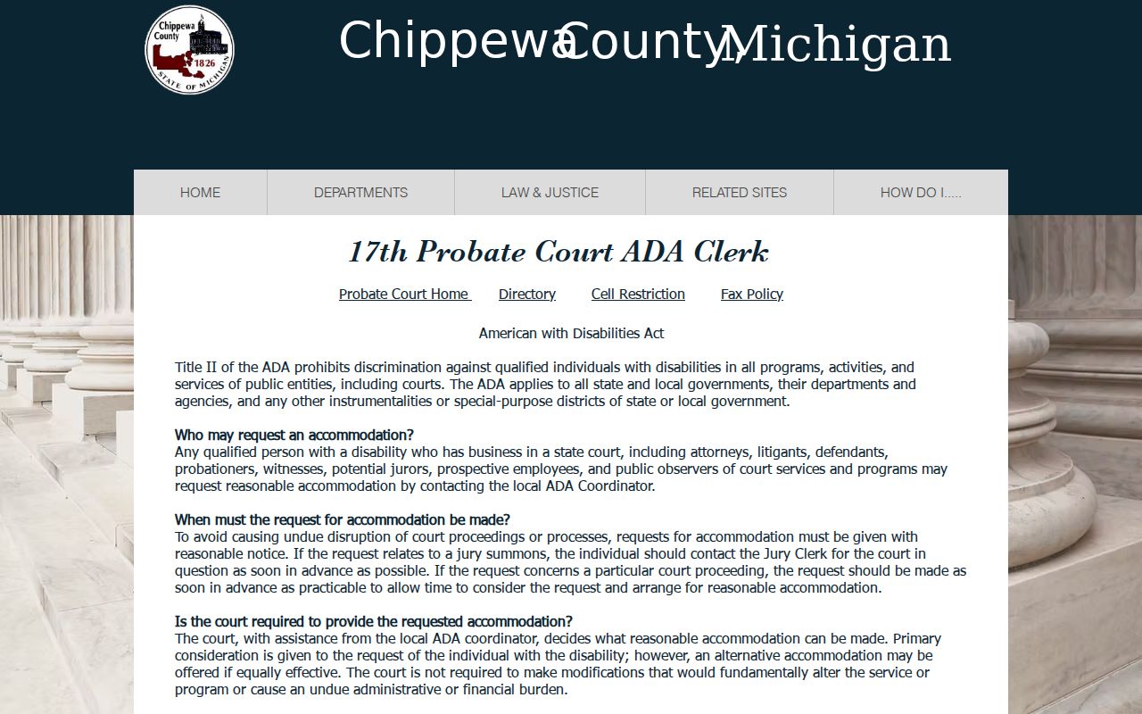 Chippewa County court ADA accommodation request instructions for court visitors