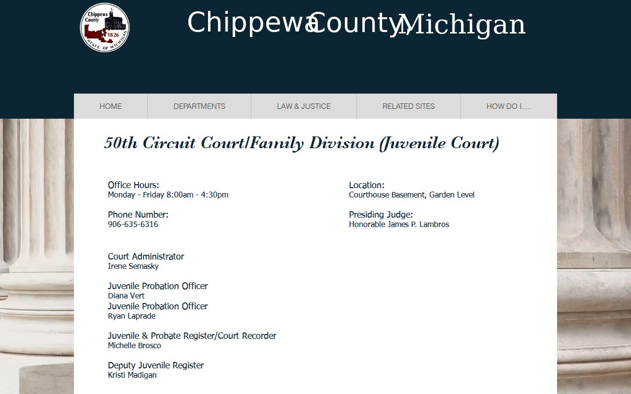Chippewa County Family Division and Juvenile Court location and jurisdiction page