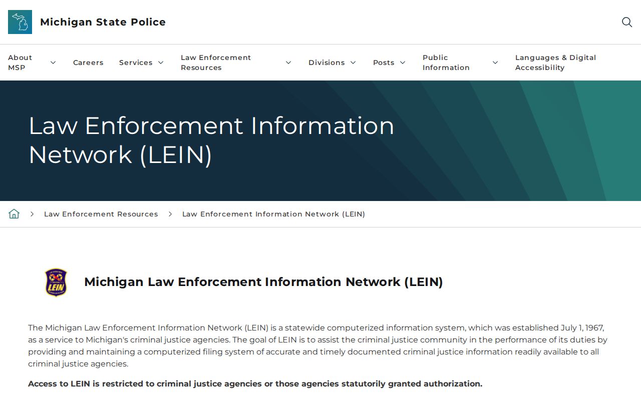Michigan State Police page explaining that LEIN access is restricted to criminal justice agencies