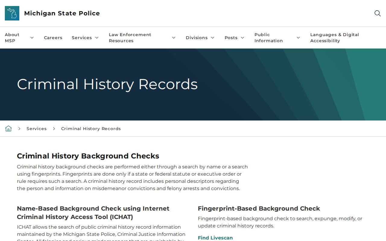 Michigan State Police criminal history page explaining that ICHAT excludes warrant information