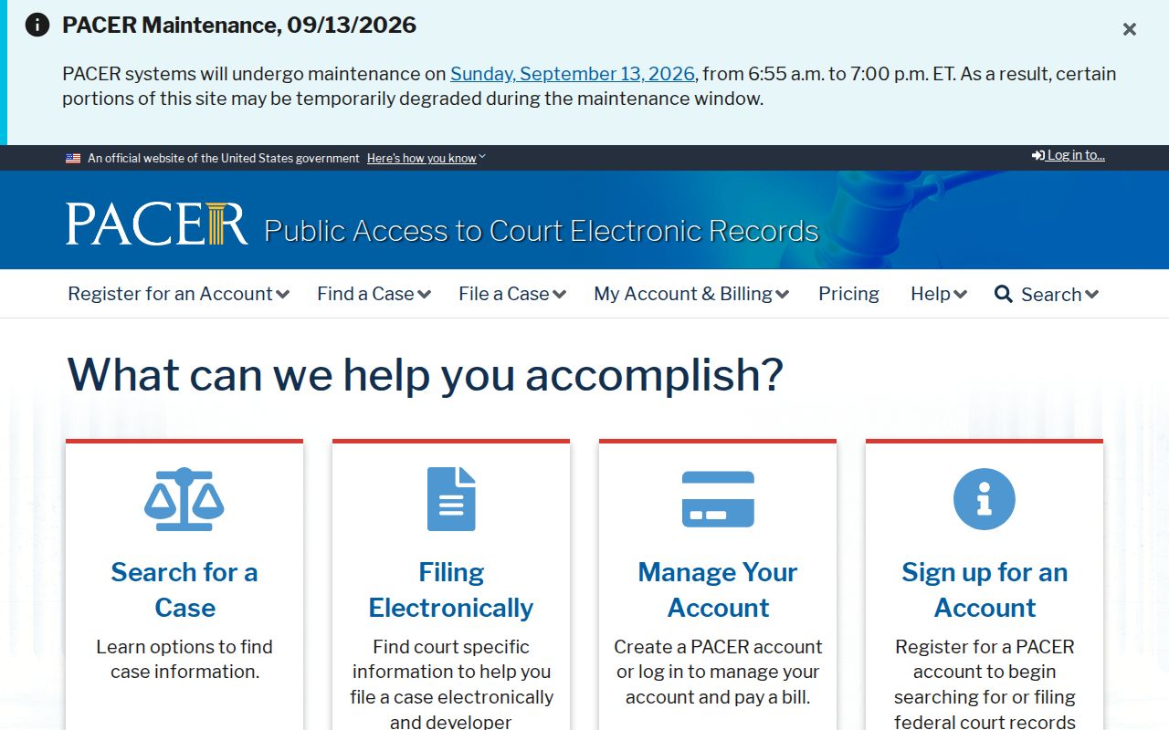 Federal court docket access interface used for Western District of Michigan case records
