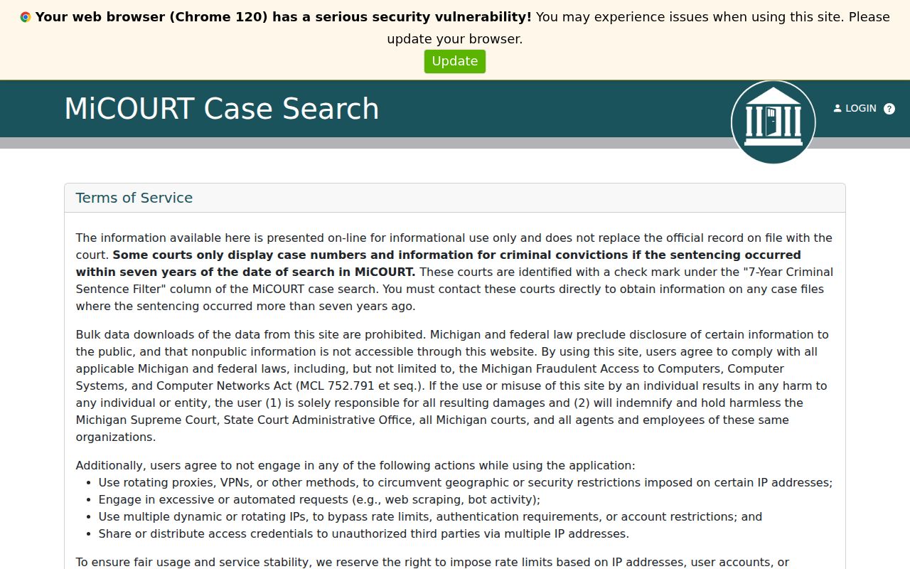 MiCOURT court selection screen used to search the 50th Circuit Court in Chippewa County