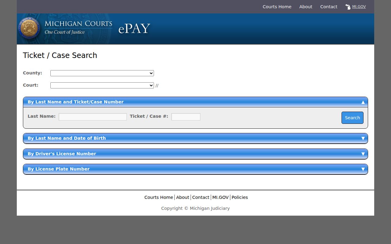 Michigan ePAY ticket and case search interface with county and court selectors