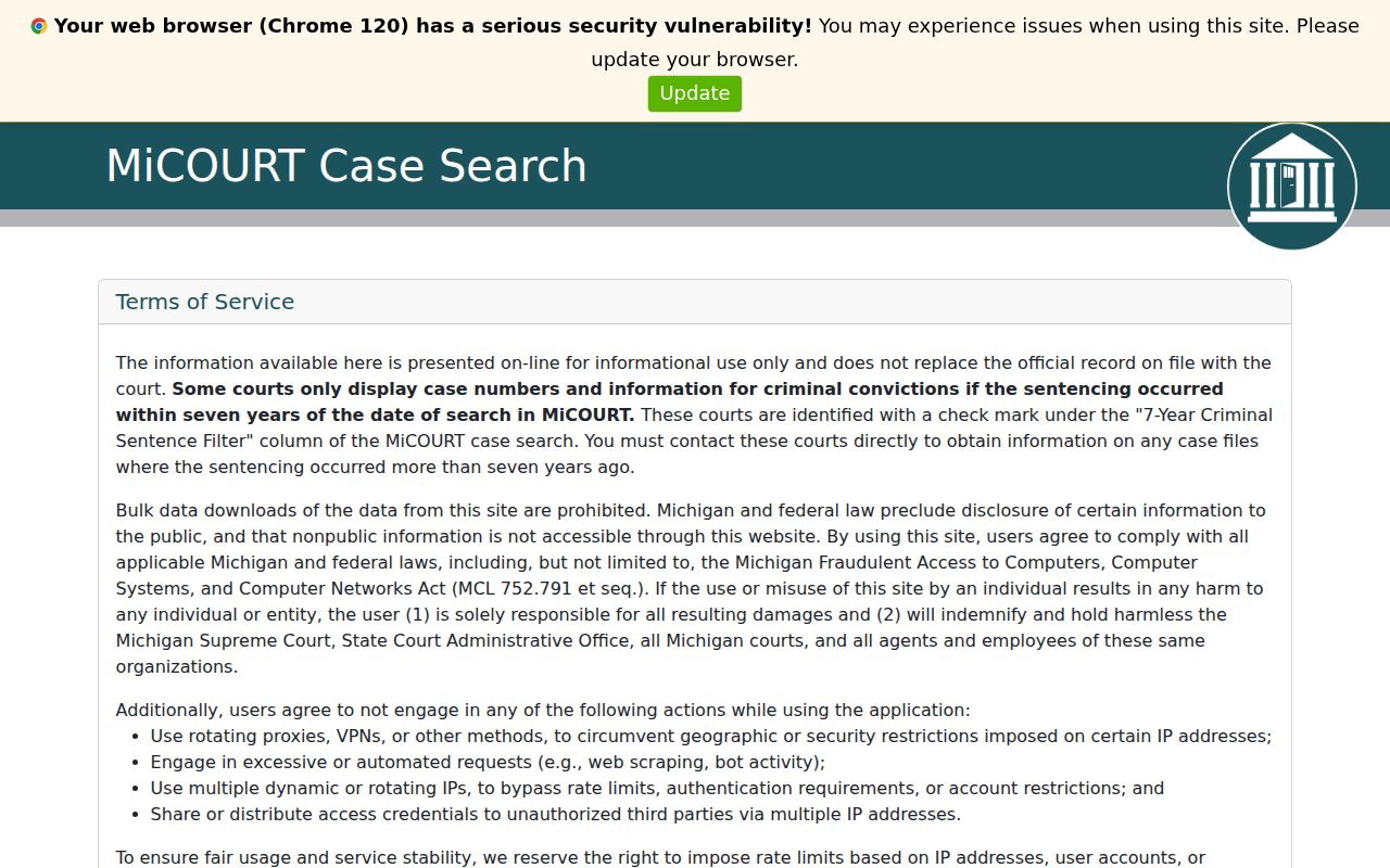 Michigan MiCOURT public case search interface with name and case number fields